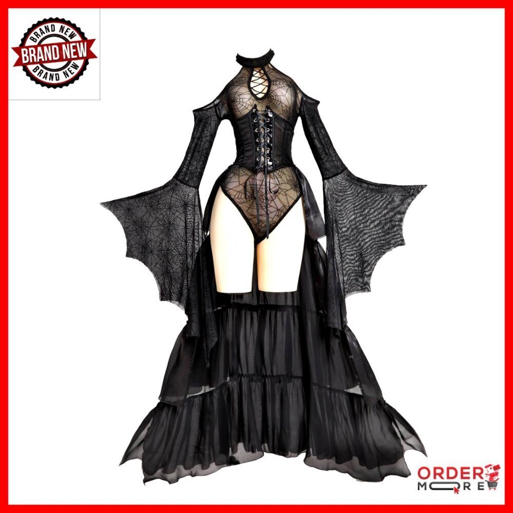 Gothic Bodysuit Off-Shoulder Long Sleeves Spider Web Trailing Corset Lingerie